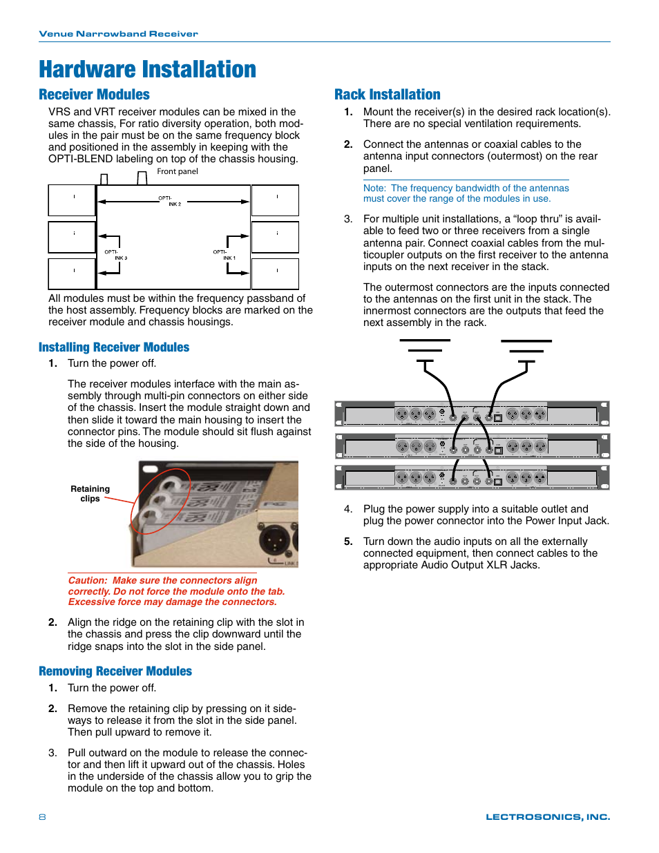 Hardware installation, Receiver modules, Rack installation | Installing receiver modules, Removing receiver modules, Venue narrowband receiver, Front panel, Retaining clips, Lectrosonics, inc. 8 | Lectrosonics Venue (Narrowband) User Manual | Page 8 / 32