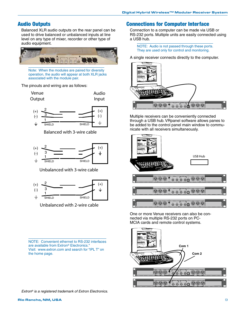 Audio outputs connections for computer interface, Venue audio output input, Balanced with 3-wire cable | Unbalanced with 3-wire cable, Unbalanced with 2-wire cable, The pinouts and wiring are as follows, Multiple receivers can be conveniently connected, Electronics, Extron, Is a registered trademark of extron electronics | Lectrosonics Venue (Narrowband) User Manual | Page 9 / 32