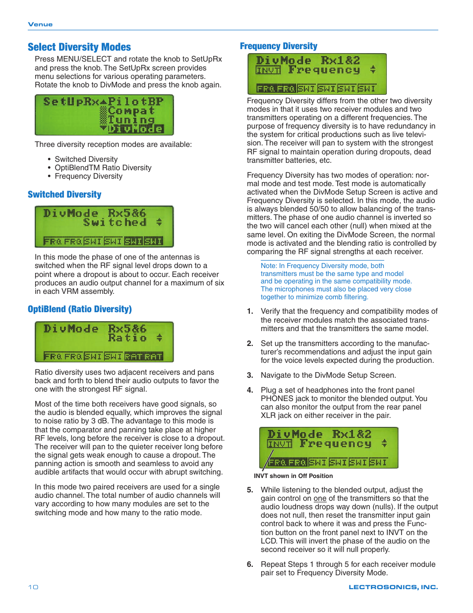 Select diversity modes, Switched diversity, Optiblend (ratio diversity) | Frequency diversity | Lectrosonics Venue 3.9 User Manual | Page 10 / 28