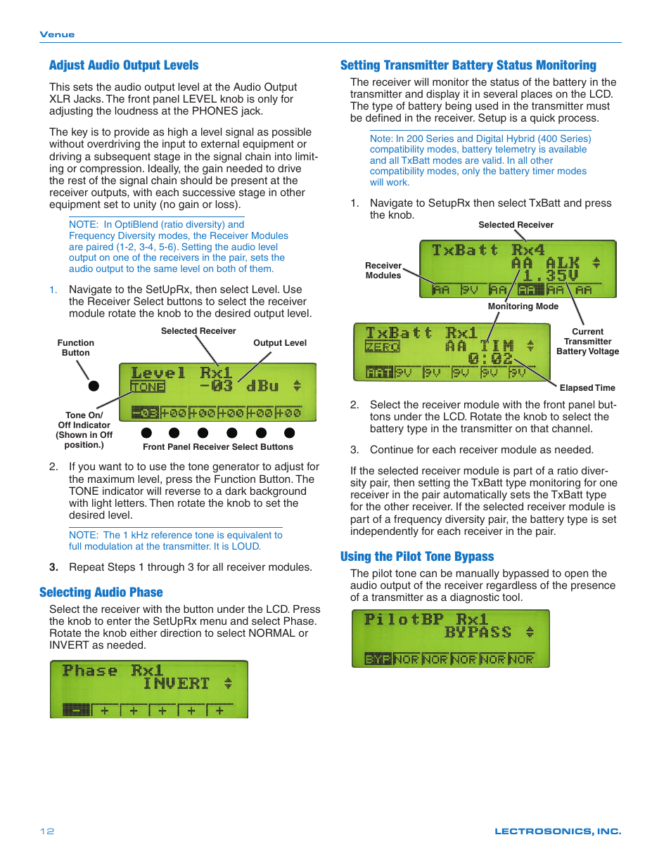 Adjust audio output levels, Setting transmitter battery status monitoring, Selecting audio phase | Using the pilot tone bypass | Lectrosonics Venue 3.9 User Manual | Page 12 / 28