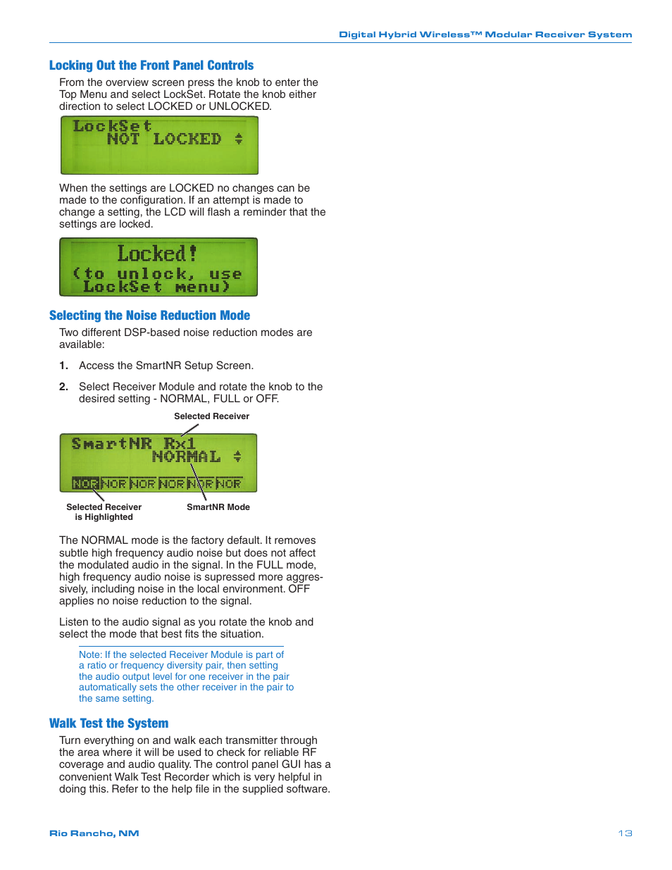 Locking out the front panel controls, Selecting the noise reduction mode, Walk test the system | Lectrosonics Venue 3.9 User Manual | Page 13 / 28