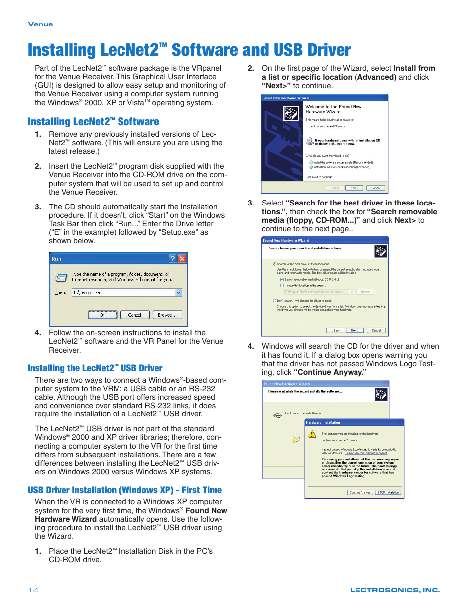 Installing lecnet2, Software and usb driver, Software | Installing the lecnet2, Usb driver, Usb driver installation (windows xp) - first time | Lectrosonics Venue 3.9 User Manual | Page 14 / 28