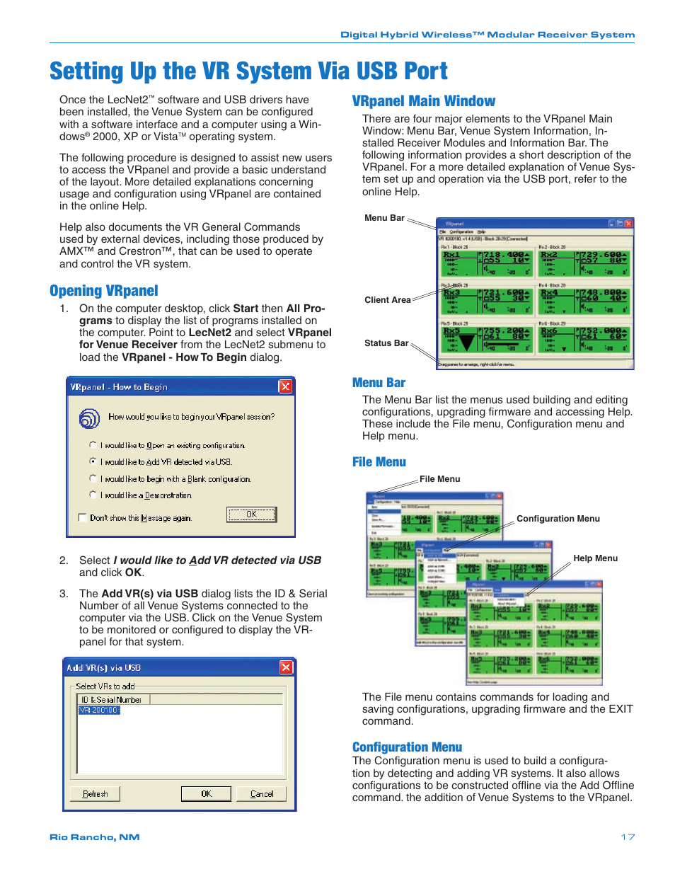 Setting up the vr system via usb port, Opening vrpanel, Vrpanel main window | Menu bar, File menu, Configuration menu | Lectrosonics Venue 3.9 User Manual | Page 17 / 28