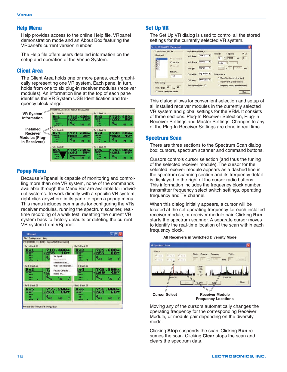 Help menu, Client area, Popup menu | Set up vr, Spectrum scan | Lectrosonics Venue 3.9 User Manual | Page 18 / 28