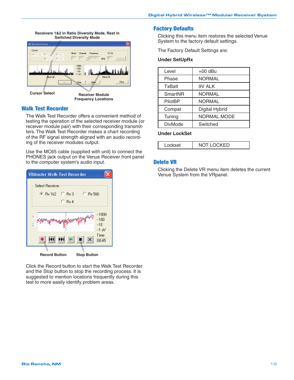 Walk test recorder, Factory defaults, Delete vr | Lectrosonics Venue 3.9 User Manual | Page 19 / 28