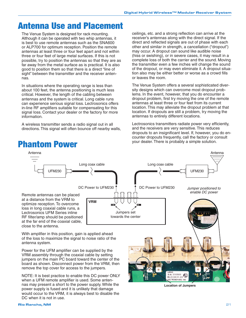 Antenna use and placement, Phantom power | Lectrosonics Venue 3.9 User Manual | Page 21 / 28