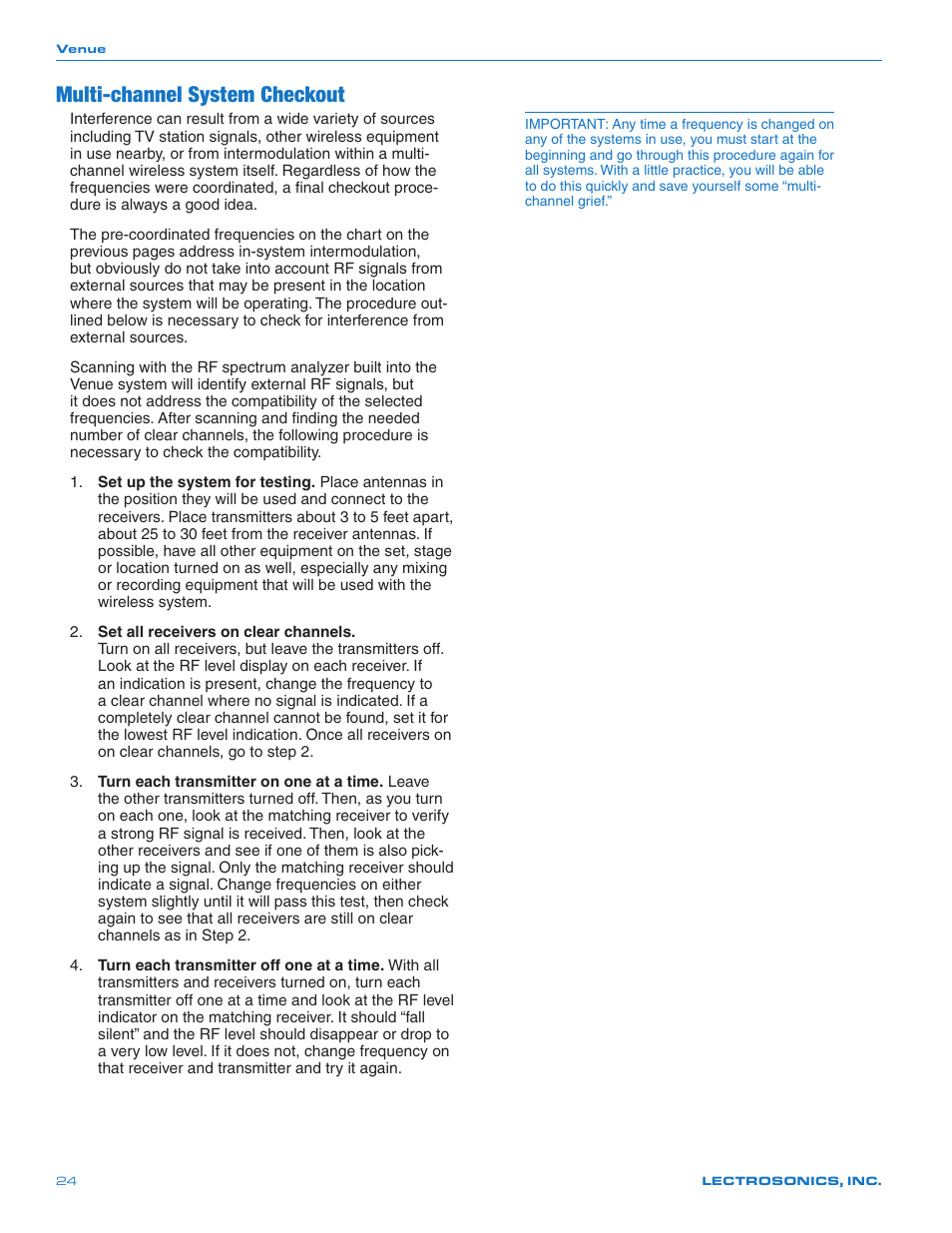 Multi-channel system checkout | Lectrosonics Venue 3.9 User Manual | Page 24 / 28