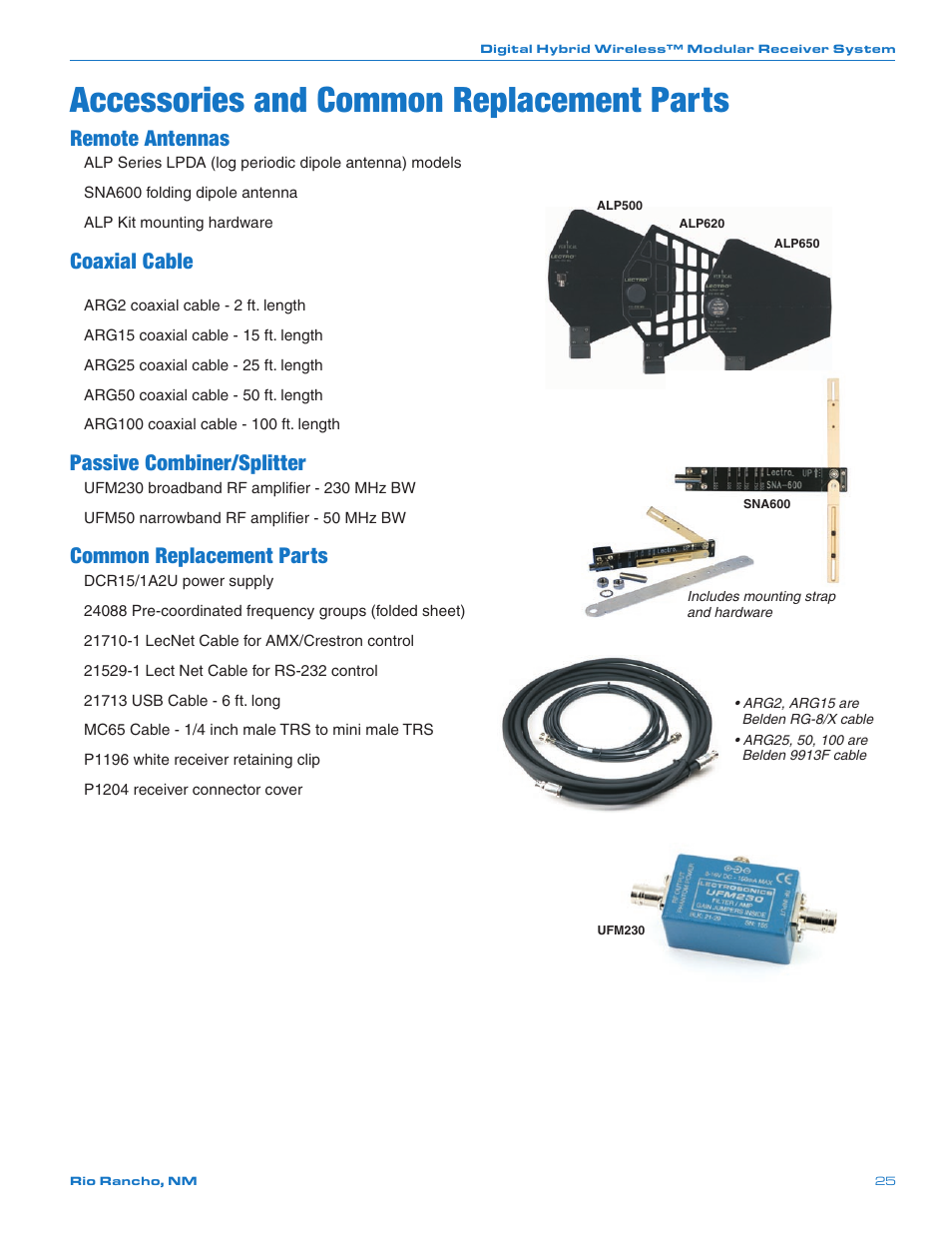 Accessories and common replacement parts, Remote antennas, Coaxial cable | Passive combiner/splitter, Common replacement parts | Lectrosonics Venue 3.9 User Manual | Page 25 / 28