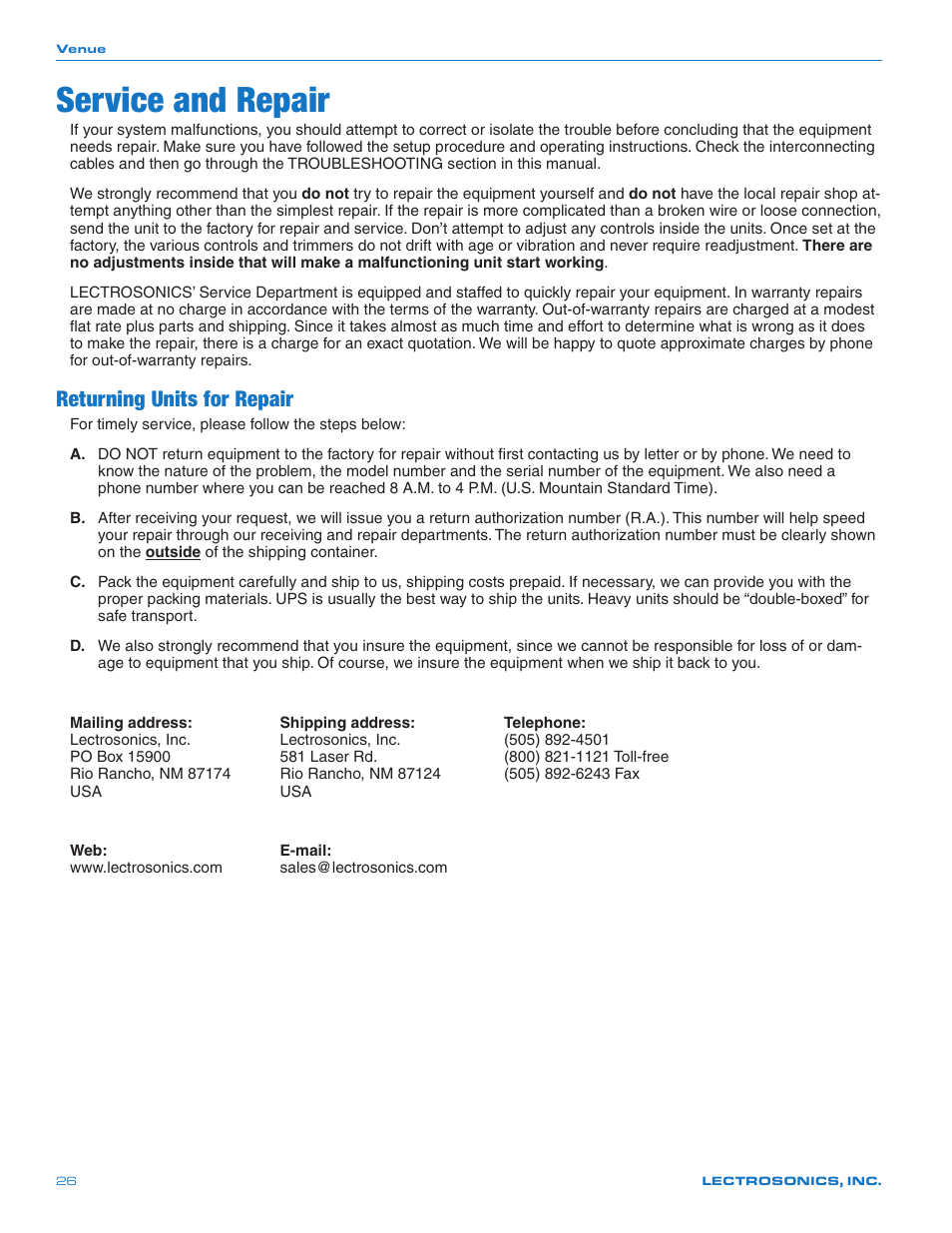 Service and repair, Returning units for repair | Lectrosonics Venue 3.9 User Manual | Page 26 / 28