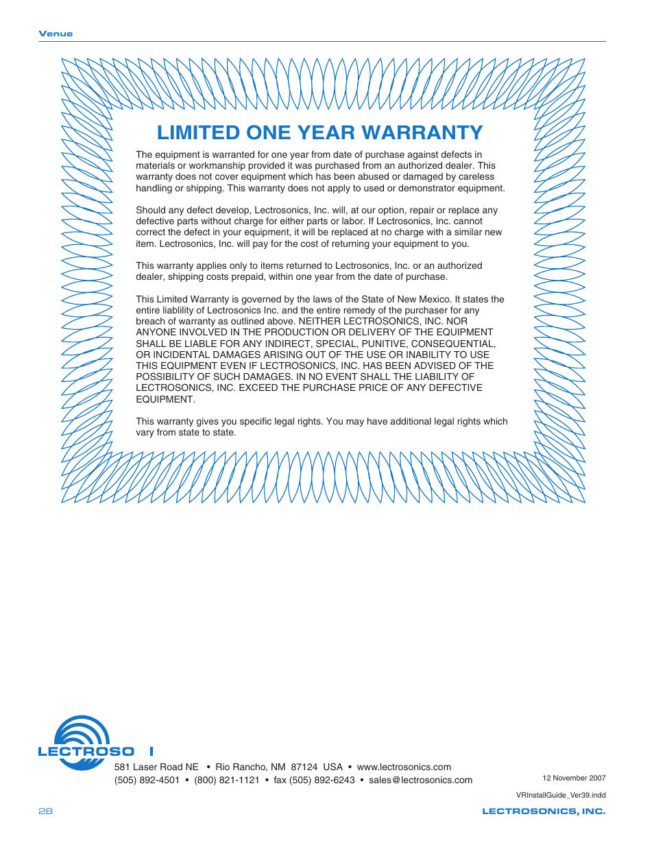 Limited one year warranty | Lectrosonics Venue 3.9 User Manual | Page 28 / 28