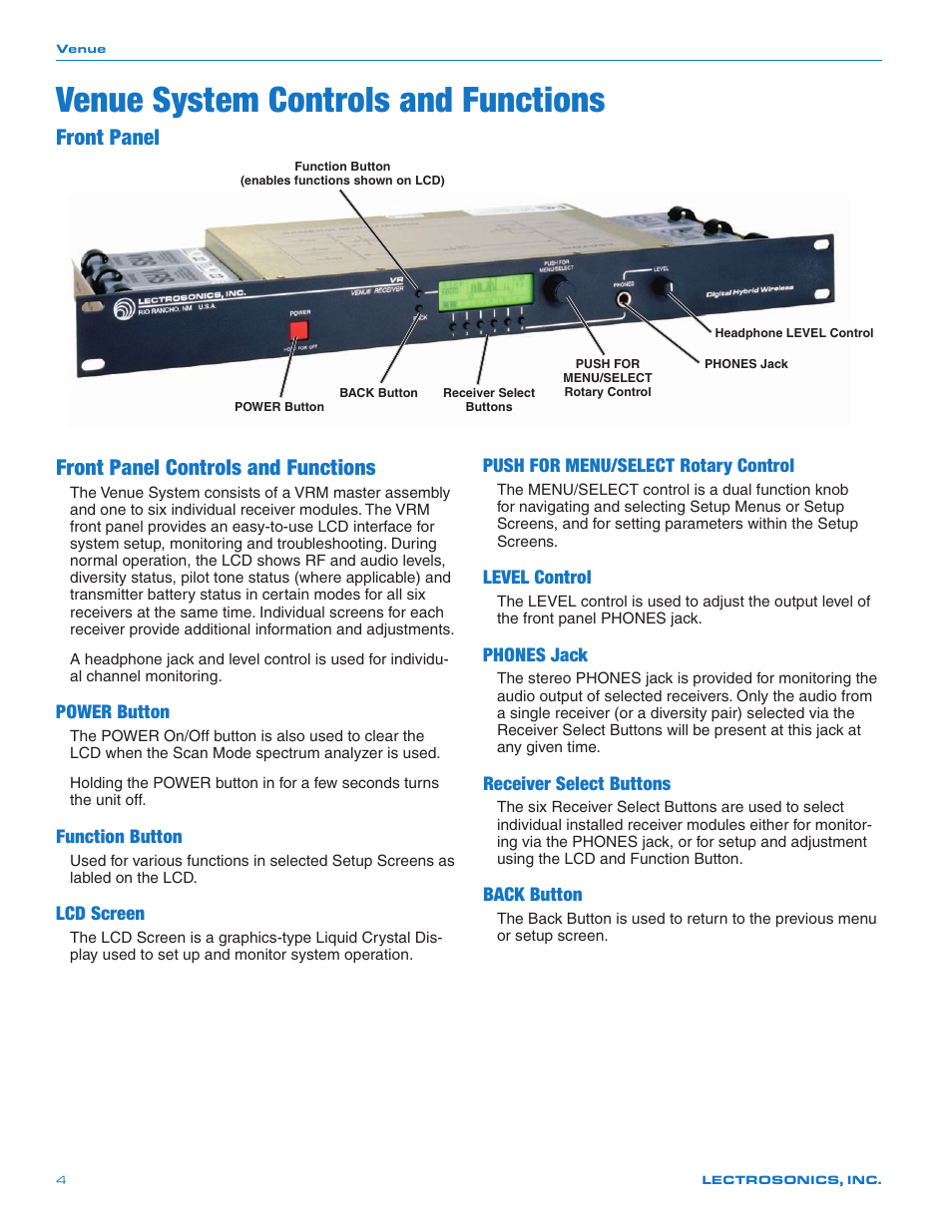 Venue system controls and functions, Front panel, Front panel controls and functions | Power button, Function button, Lcd screen, Push for menu/select rotary control, Level control, Phones jack, Receiver select buttons | Lectrosonics Venue 3.9 User Manual | Page 4 / 28