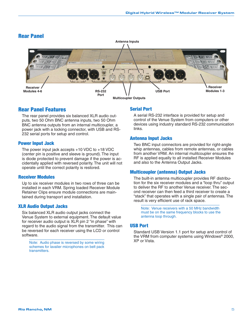 Rear panel, Rear panel features, Power input jack | Receiver modules, Xlr audio output jacks, Serial port, Antenna input jacks, Multicoupler (antenna) output jacks, Usb port | Lectrosonics Venue 3.9 User Manual | Page 5 / 28