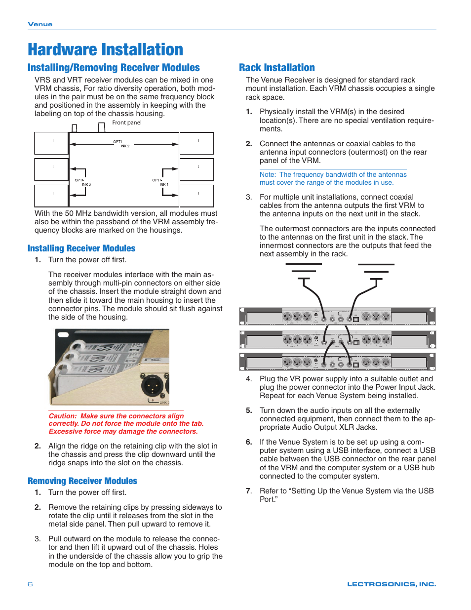 Hardware installation, Installing/removing receiver modules, Rack installation | Installing receiver modules, Removing receiver modules, Venue, Front panel, Lectrosonics, inc | Lectrosonics Venue 3.9 User Manual | Page 6 / 28