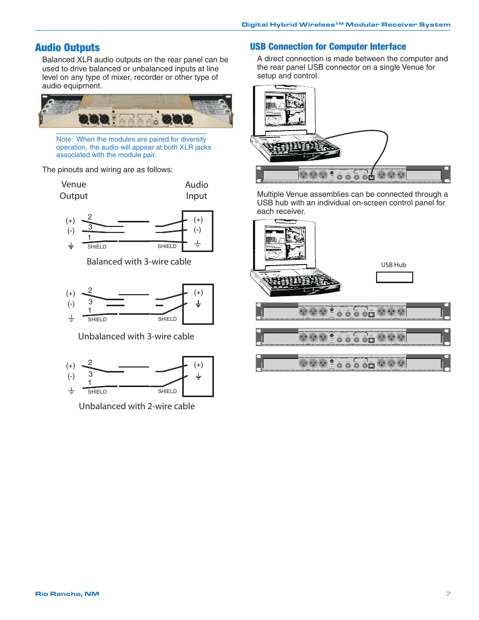 Audio outputs, Usb connection for computer interface, Venue audio output input | Balanced with 3-wire cable, Unbalanced with 3-wire cable, Unbalanced with 2-wire cable, The pinouts and wiring are as follows, Usb hub, Digital hybrid wireless™ modular receiver system, Rio rancho, nm 7 | Lectrosonics Venue 3.9 User Manual | Page 7 / 28