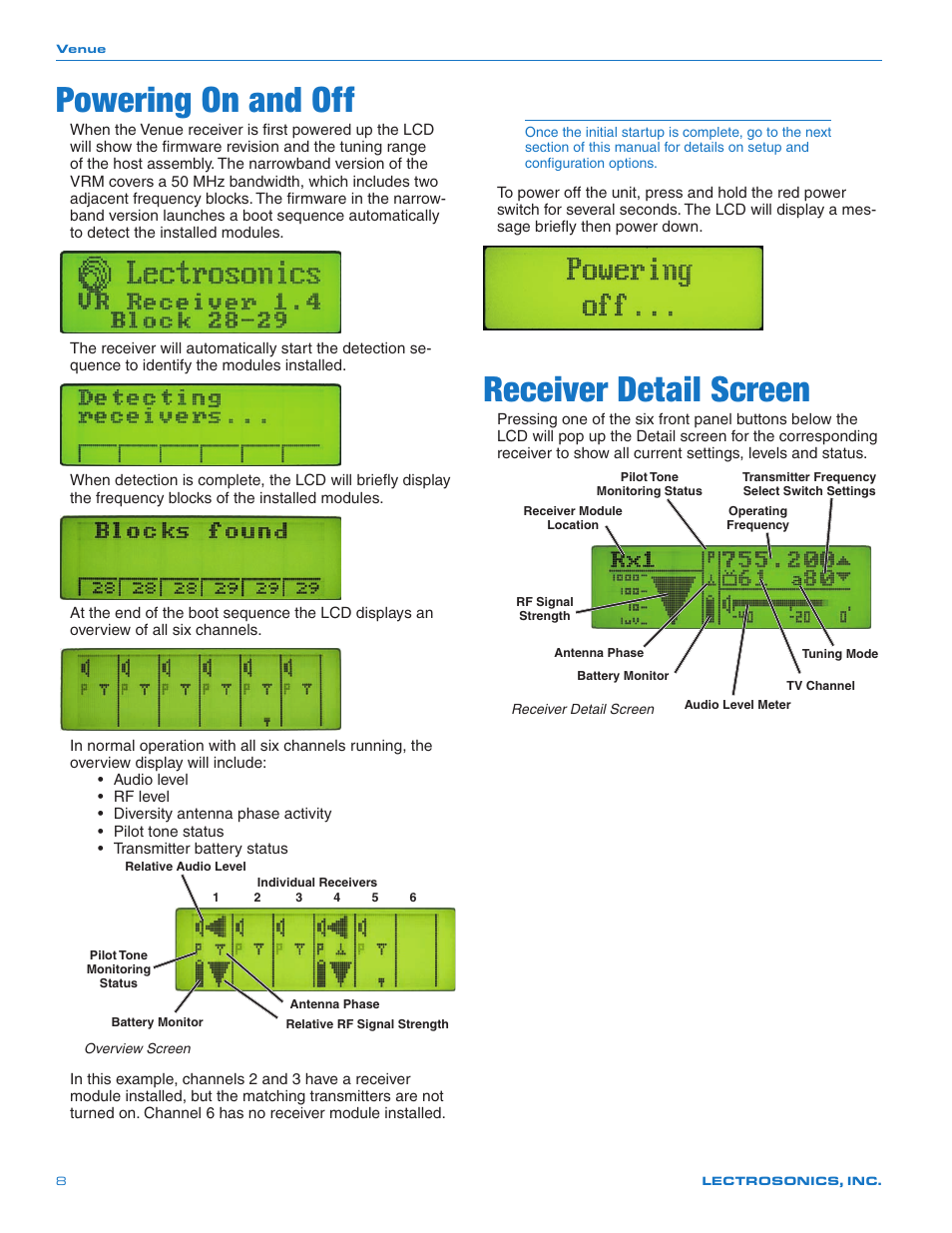 Bootup and powering off, Powering on and off, Receiver detail screen | Lectrosonics Venue 3.9 User Manual | Page 8 / 28