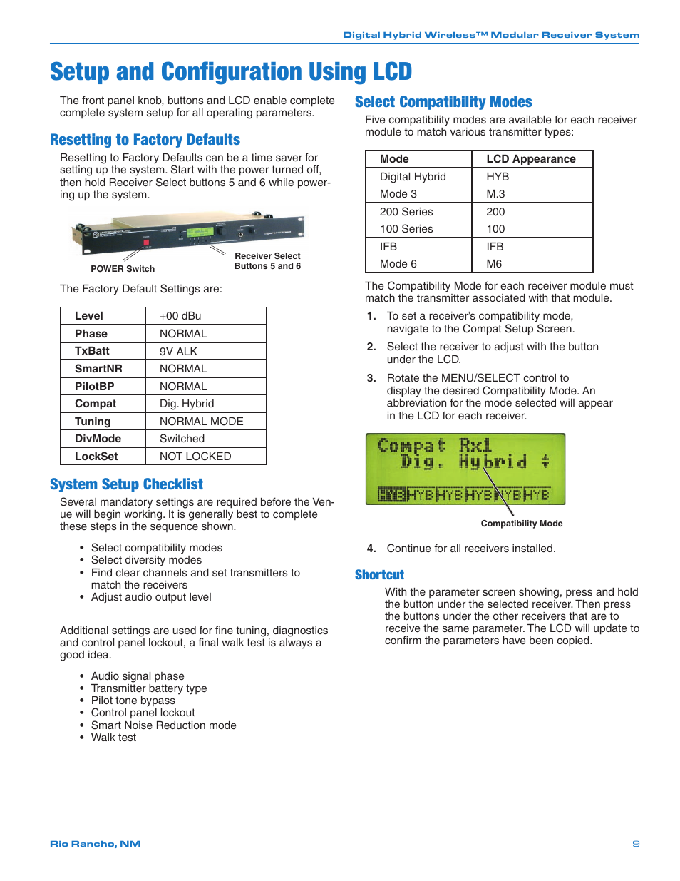 Setup and configuration using lcd, Resetting to factory defaults, System setup checklist | Select compatibility modes, Shortcut | Lectrosonics Venue 3.9 User Manual | Page 9 / 28