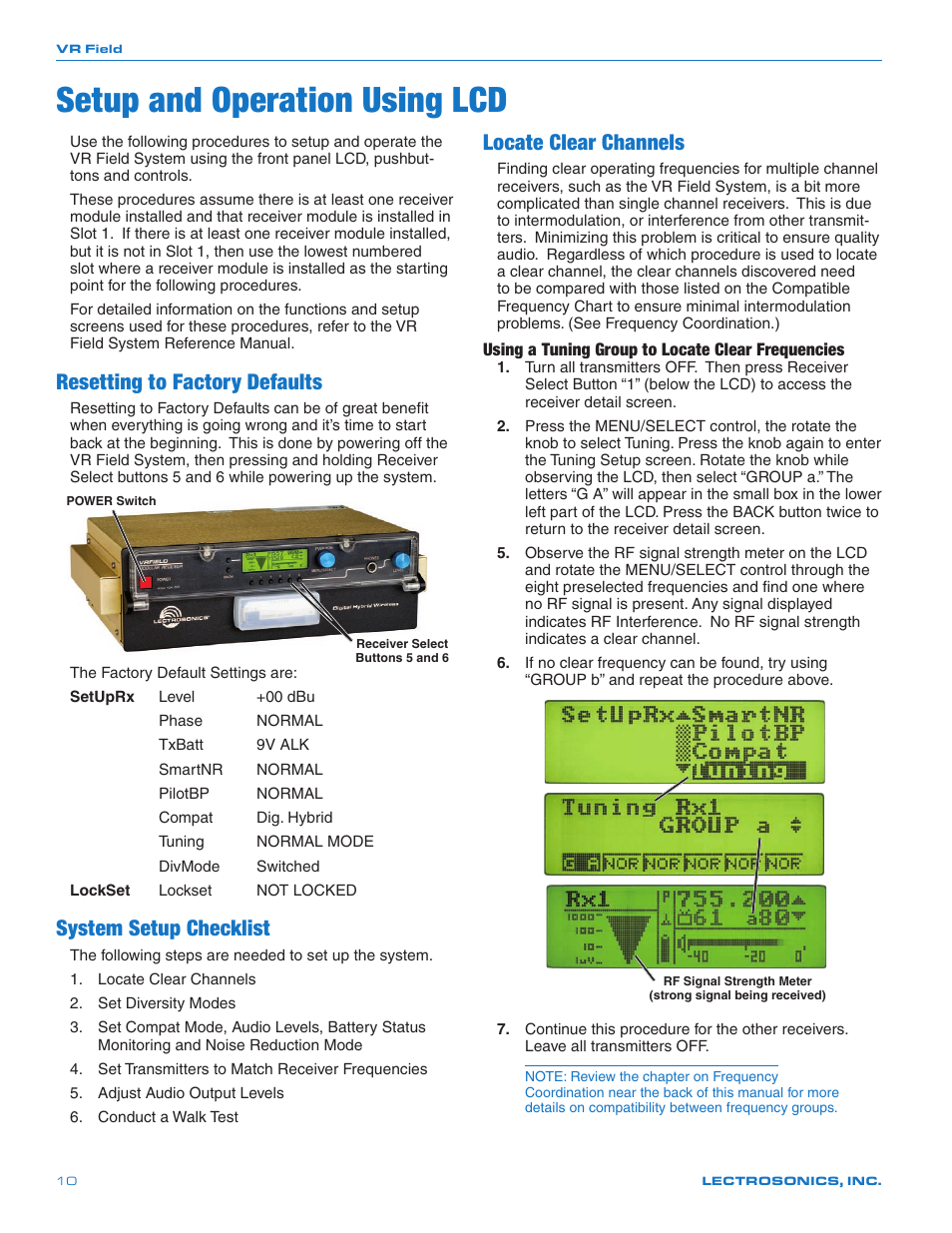 Setup and operation using lcd, Resetting to factory defaults, System setup checklist | Locate clear channels | Lectrosonics VRFIELD (Narrowband) User Manual | Page 10 / 28