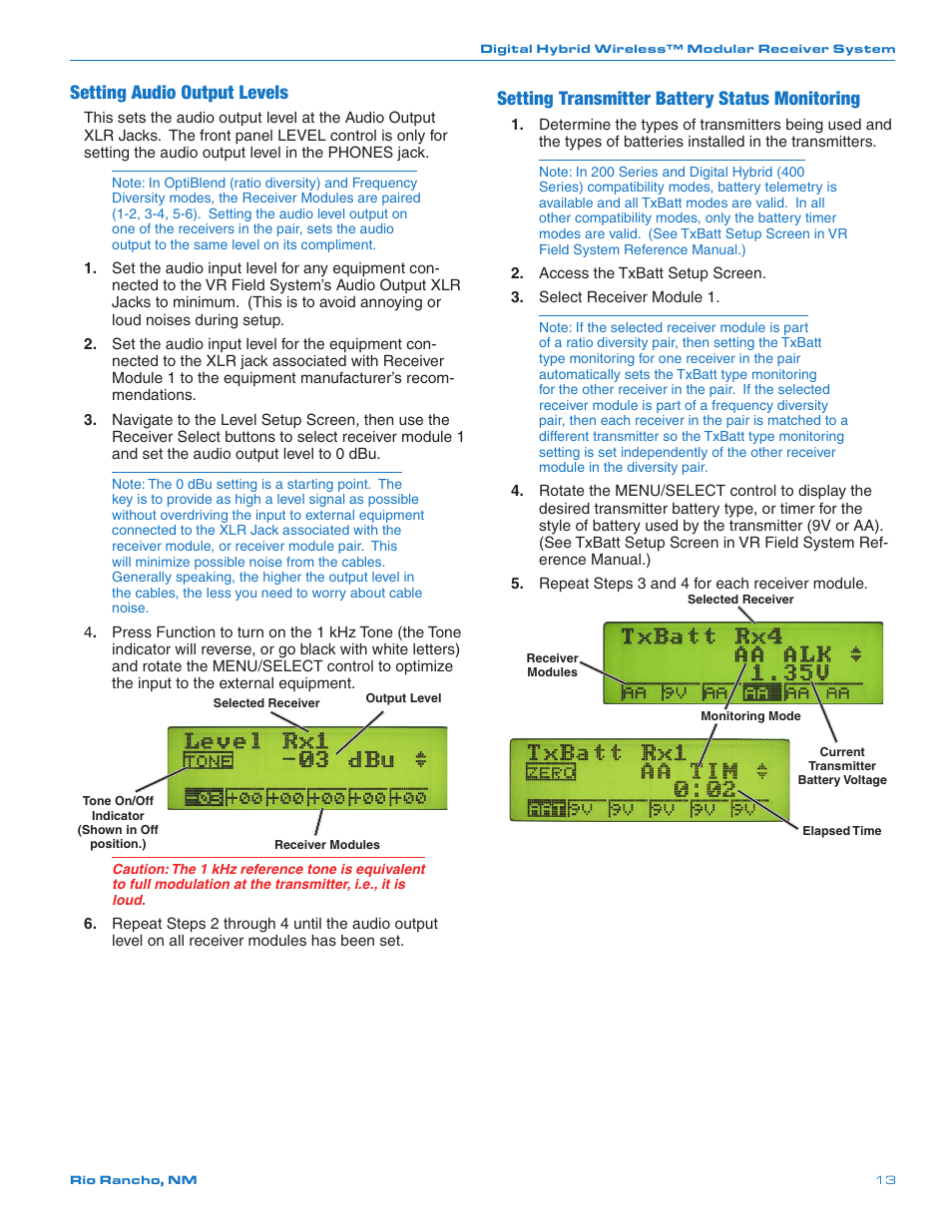 Setting audio output levels, Setting transmitter battery status monitoring | Lectrosonics VRFIELD (Narrowband) User Manual | Page 13 / 28