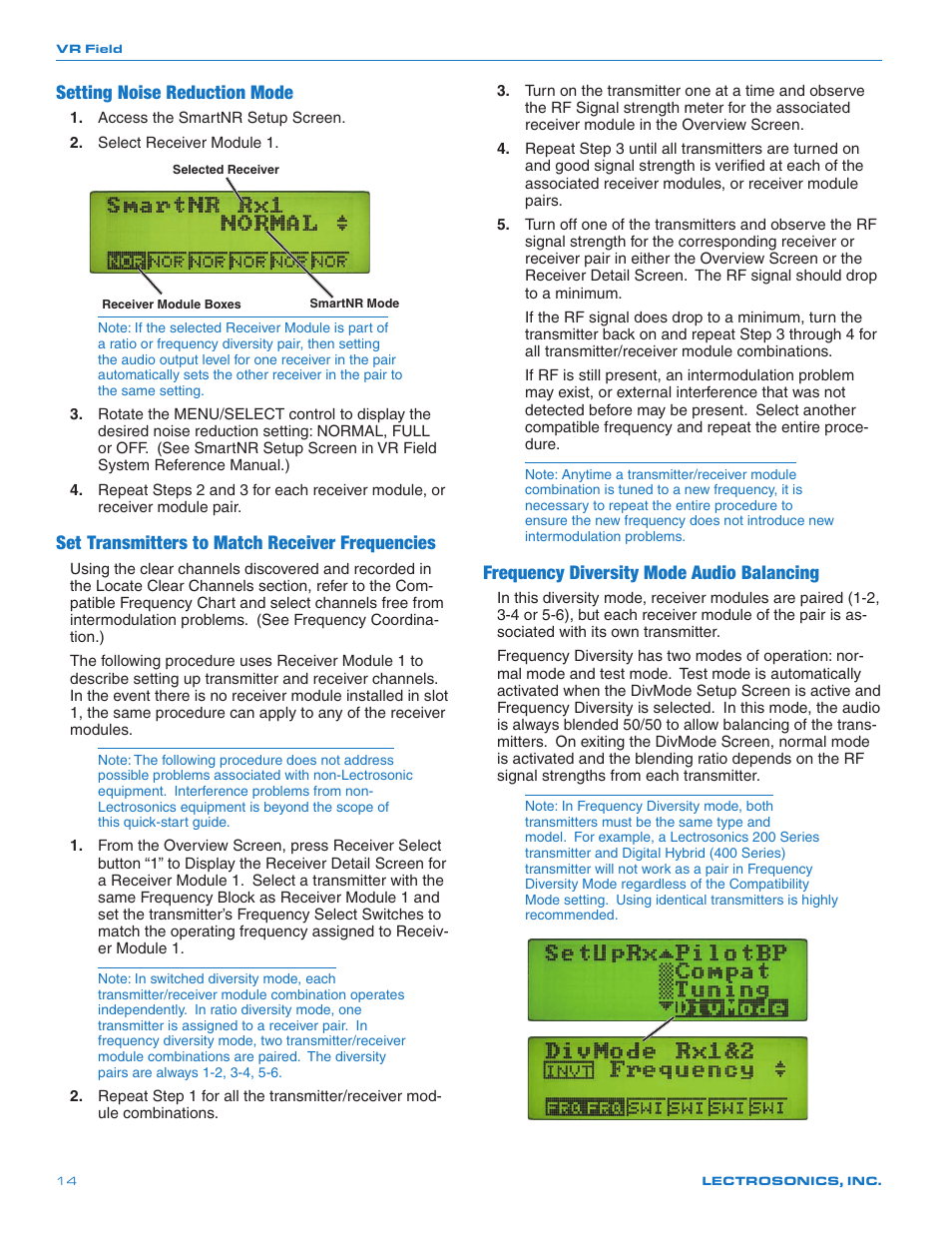 Setting noise reduction mode, Set transmitters to match receiver frequencies, Frequency diversity mode audio balancing | Lectrosonics VRFIELD (Narrowband) User Manual | Page 14 / 28