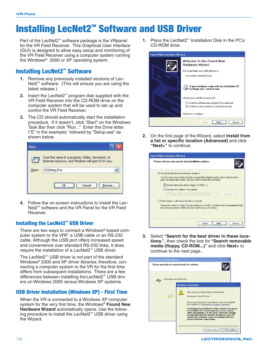 Installing lecnet2, Software and usb driver, Software | Installing the lecnet2, Usb driver, Usb driver installation (windows xp) - first time | Lectrosonics VRFIELD (Narrowband) User Manual | Page 16 / 28