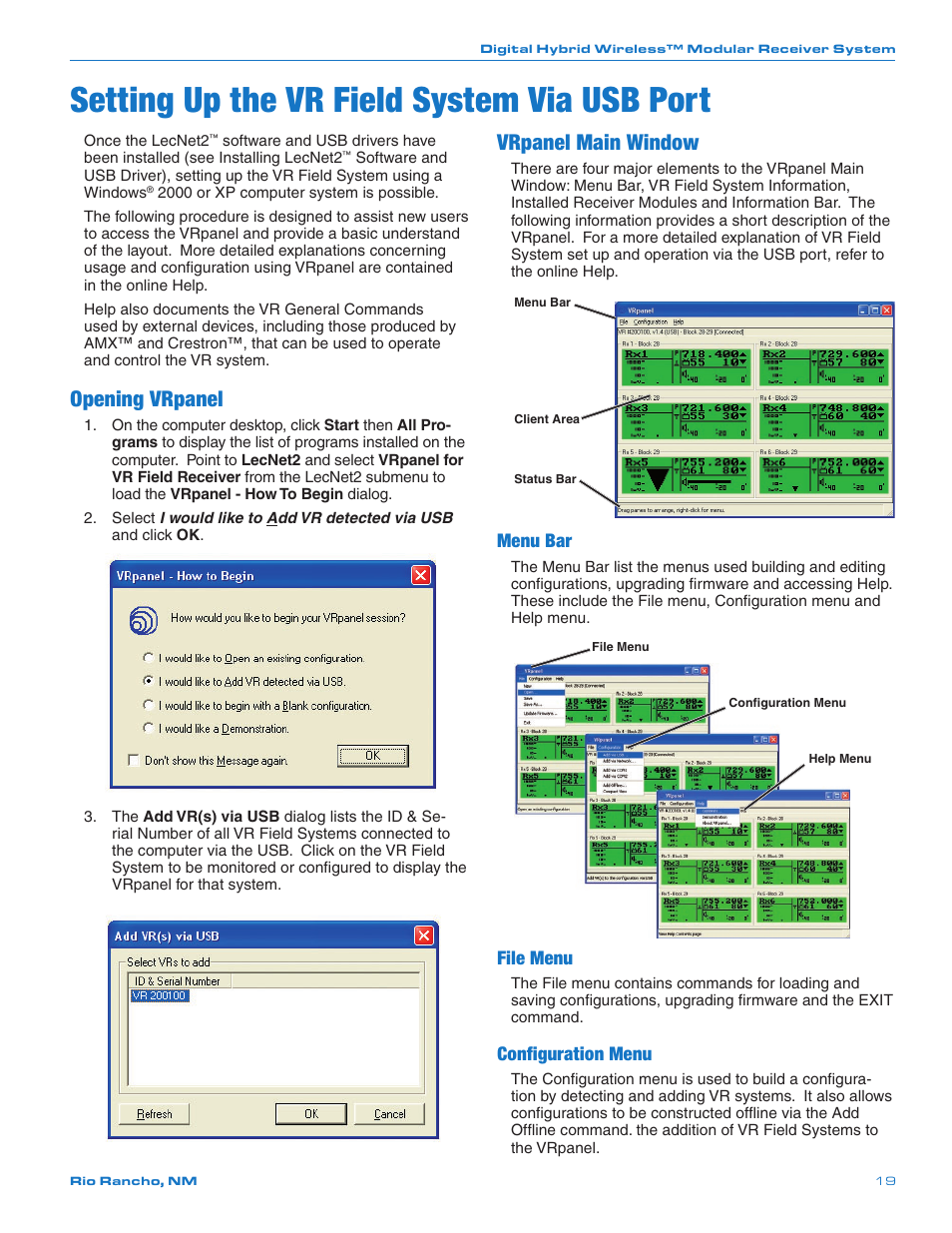 Setting up the vr field system via usb port, Opening vrpanel, Vrpanel main window | Menu bar, File menu, Configuration menu | Lectrosonics VRFIELD (Narrowband) User Manual | Page 19 / 28