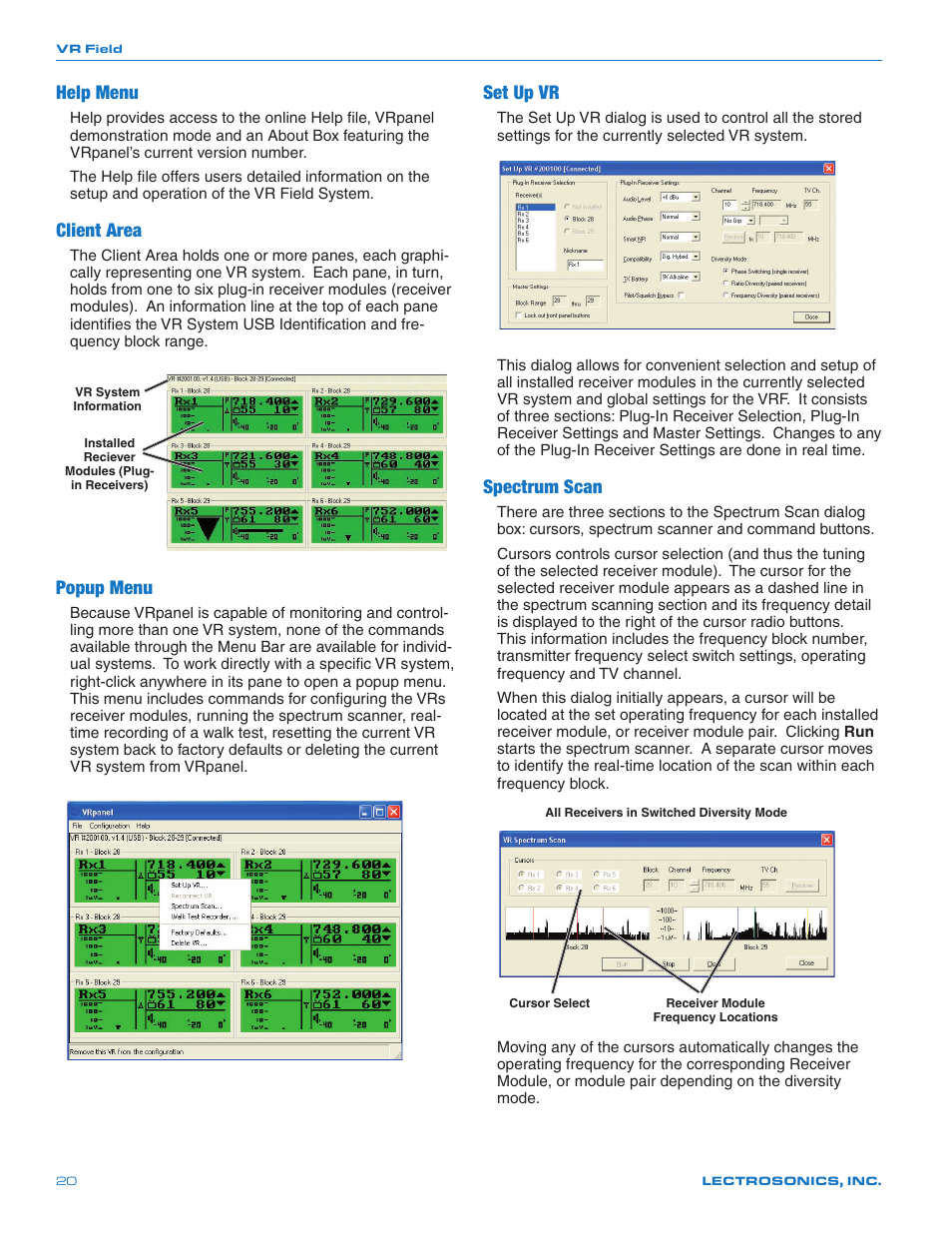 Help menu, Client area, Popup menu | Set up vr, Spectrum scan | Lectrosonics VRFIELD (Narrowband) User Manual | Page 20 / 28