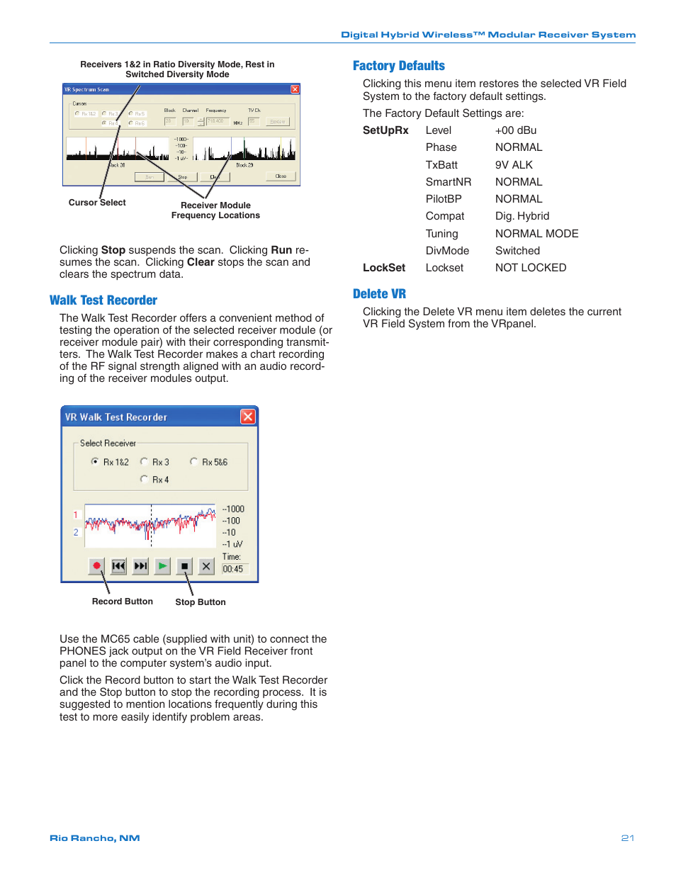 Walk test recorder, Factory defaults, Delete vr | Lectrosonics VRFIELD (Narrowband) User Manual | Page 21 / 28