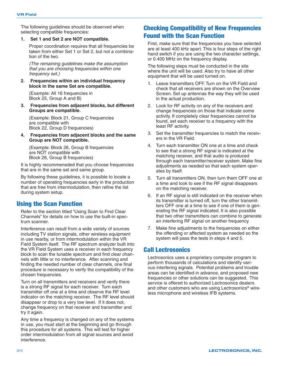 Using the scan function, Call lectrosonics | Lectrosonics VRFIELD (Narrowband) User Manual | Page 24 / 28