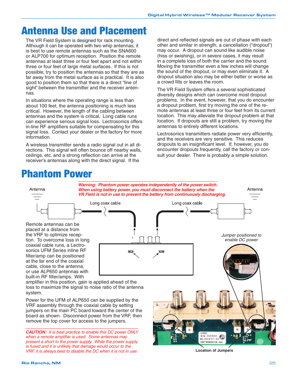 Antenna use and placement, Phantom power | Lectrosonics VRFIELD (Narrowband) User Manual | Page 25 / 28