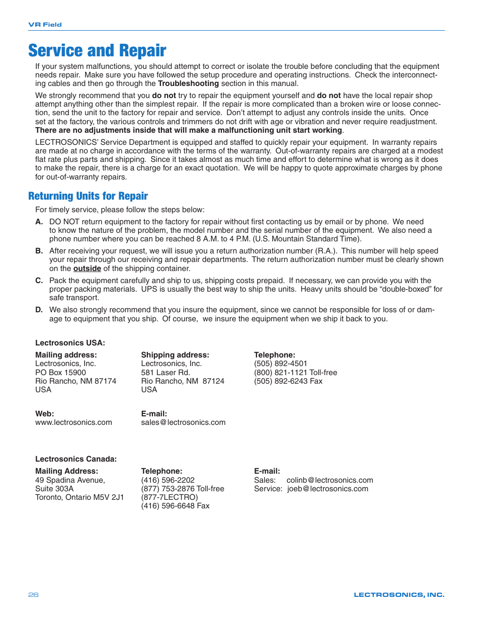 Service and repair, Returning units for repair | Lectrosonics VRFIELD (Narrowband) User Manual | Page 26 / 28