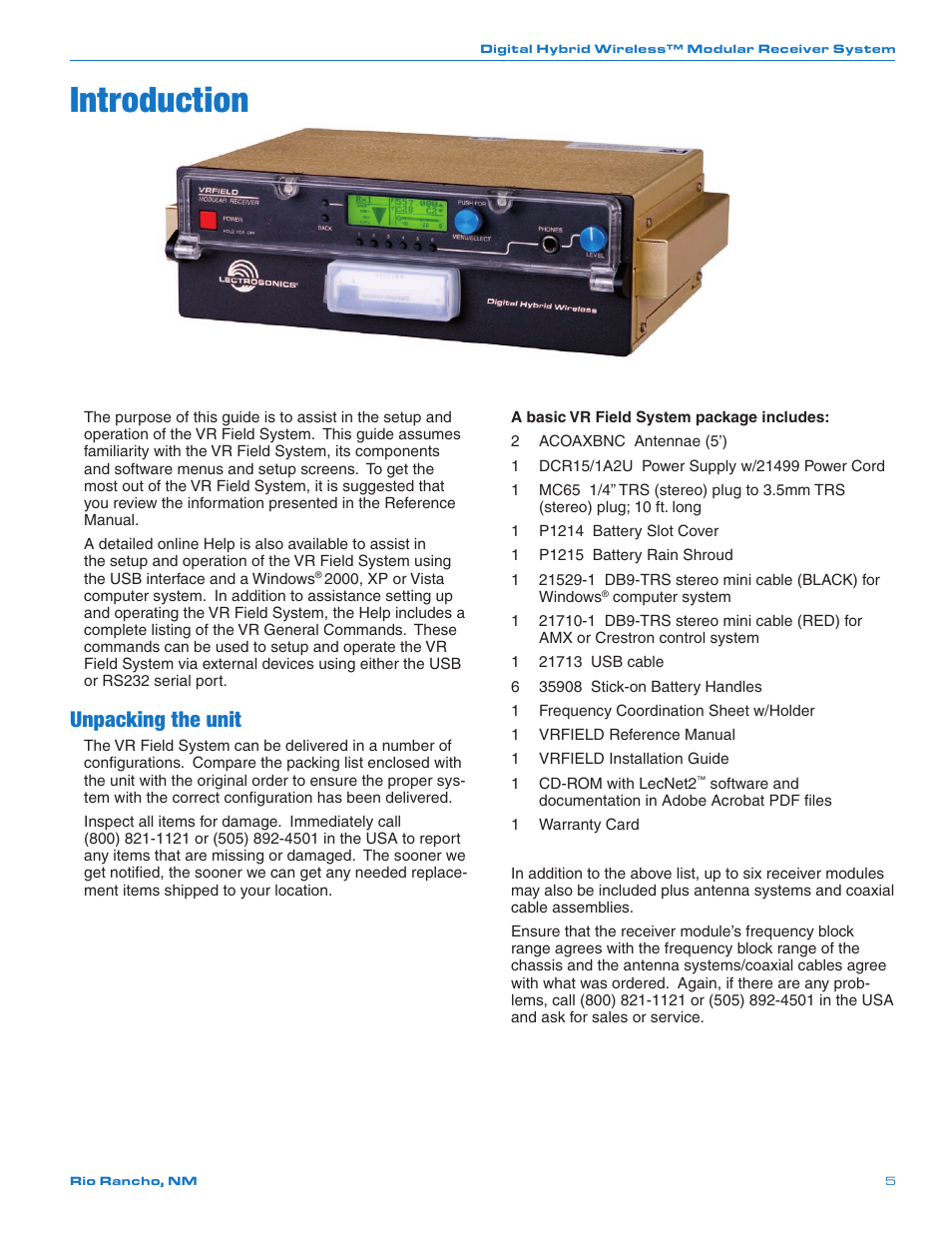 Introduction, Unpacking the unit | Lectrosonics VRFIELD (Narrowband) User Manual | Page 5 / 28