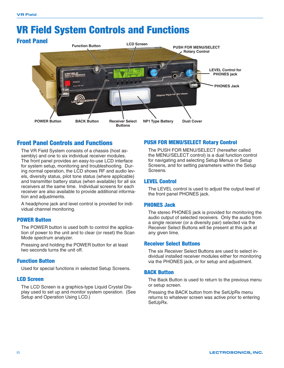 Vr field system controls and functions, Front panel, Front panel controls and functions | Power button, Function button, Lcd screen, Push for menu/select rotary control, Level control, Phones jack, Receiver select buttons | Lectrosonics VRFIELD (Narrowband) User Manual | Page 6 / 28