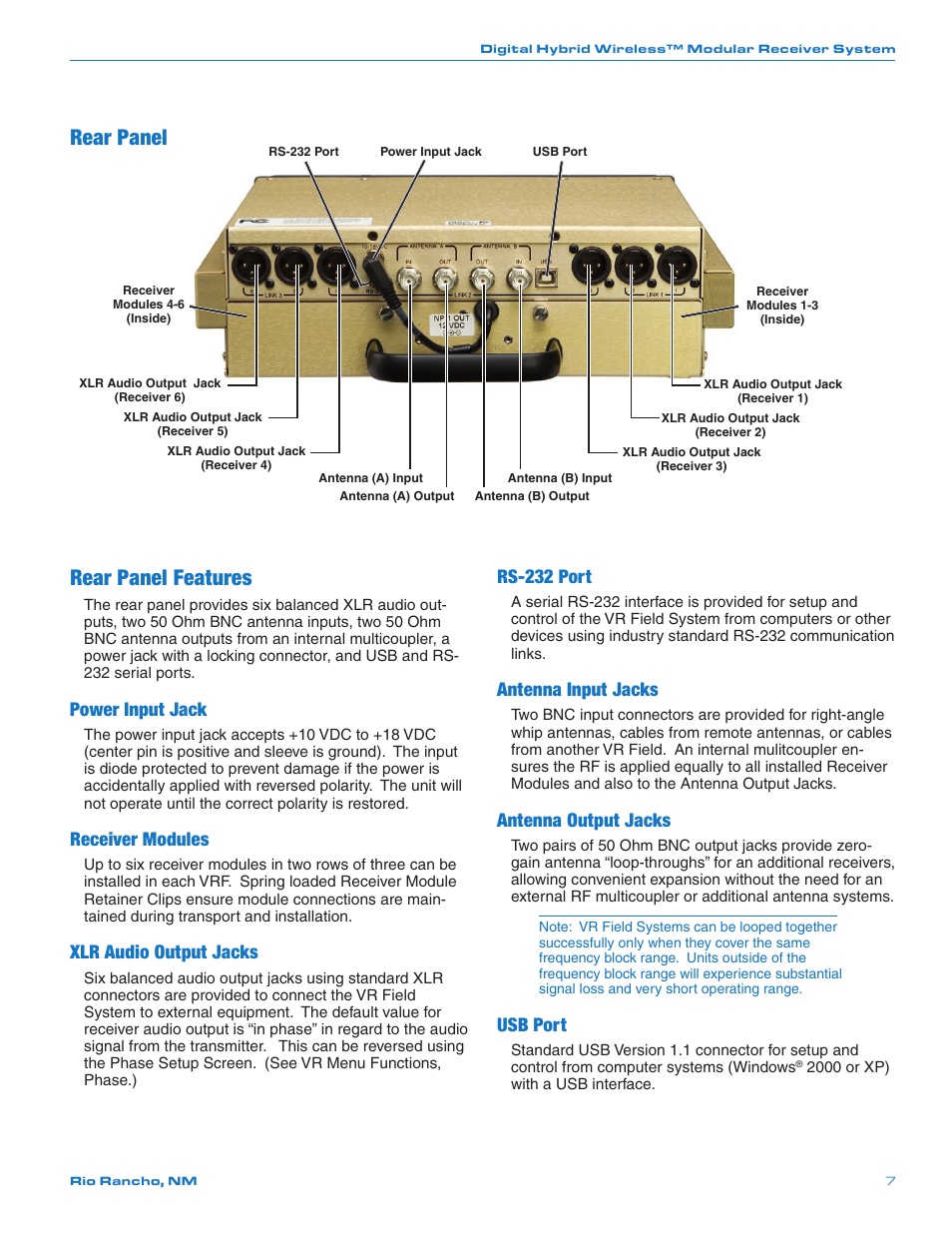 Rear panel, Rear panel features, Power input jack | Receiver modules, Xlr audio output jacks, Rs-232 port, Antenna input jacks, Antenna output jacks, Usb port | Lectrosonics VRFIELD (Narrowband) User Manual | Page 7 / 28