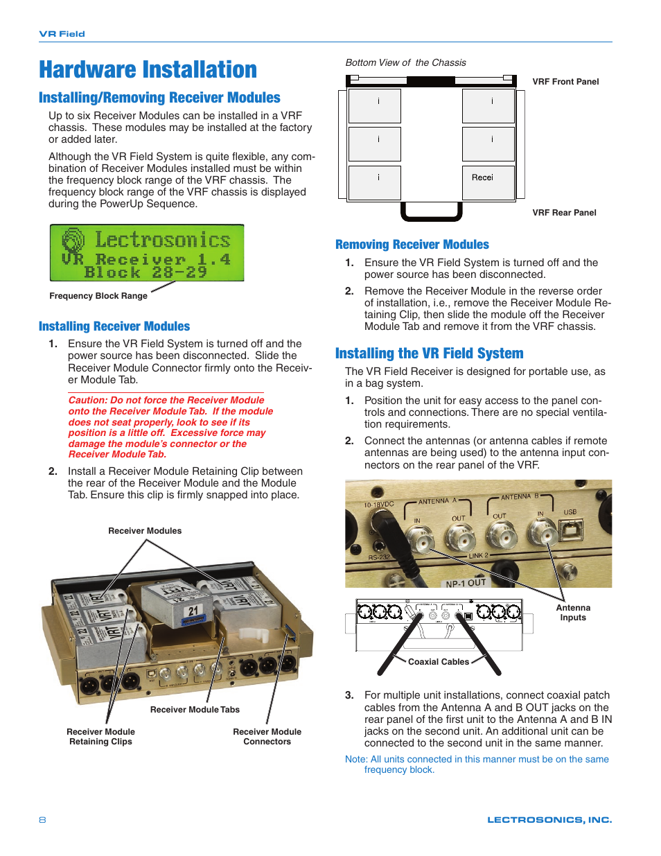 Hardware installation, Installing/removing receiver modules, Installing the vr field system | Installing receiver modules, Removing receiver modules | Lectrosonics VRFIELD (Narrowband) User Manual | Page 8 / 28