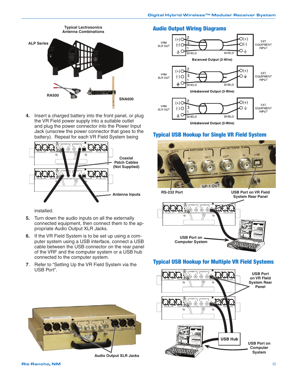 Audio output wiring diagrams, Typical usb hookup for single vr field system, Typical usb hookup for multiple vr field systems | Lectrosonics VRFIELD (Narrowband) User Manual | Page 9 / 28