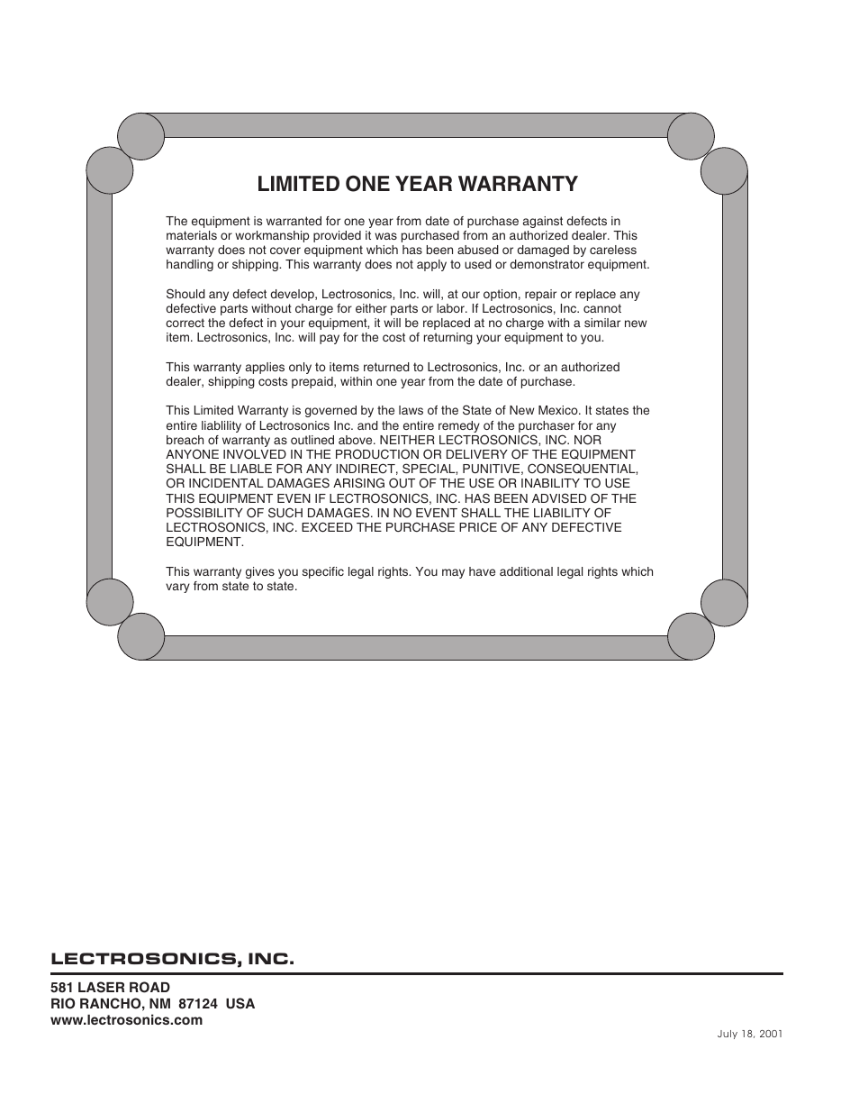 Limited one year warranty | Lectrosonics UMC195d User Manual | Page 10 / 10