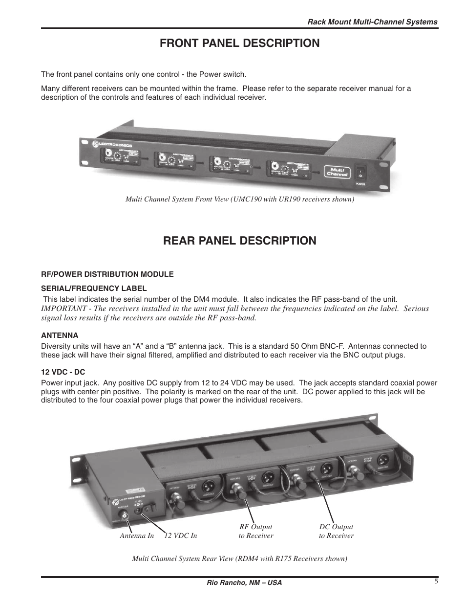 Front panel description, Rear panel description | Lectrosonics UMC195d User Manual | Page 5 / 10