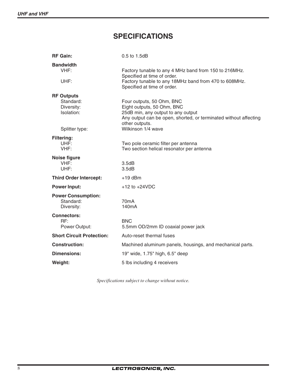 Specifications | Lectrosonics UMC195d User Manual | Page 8 / 10