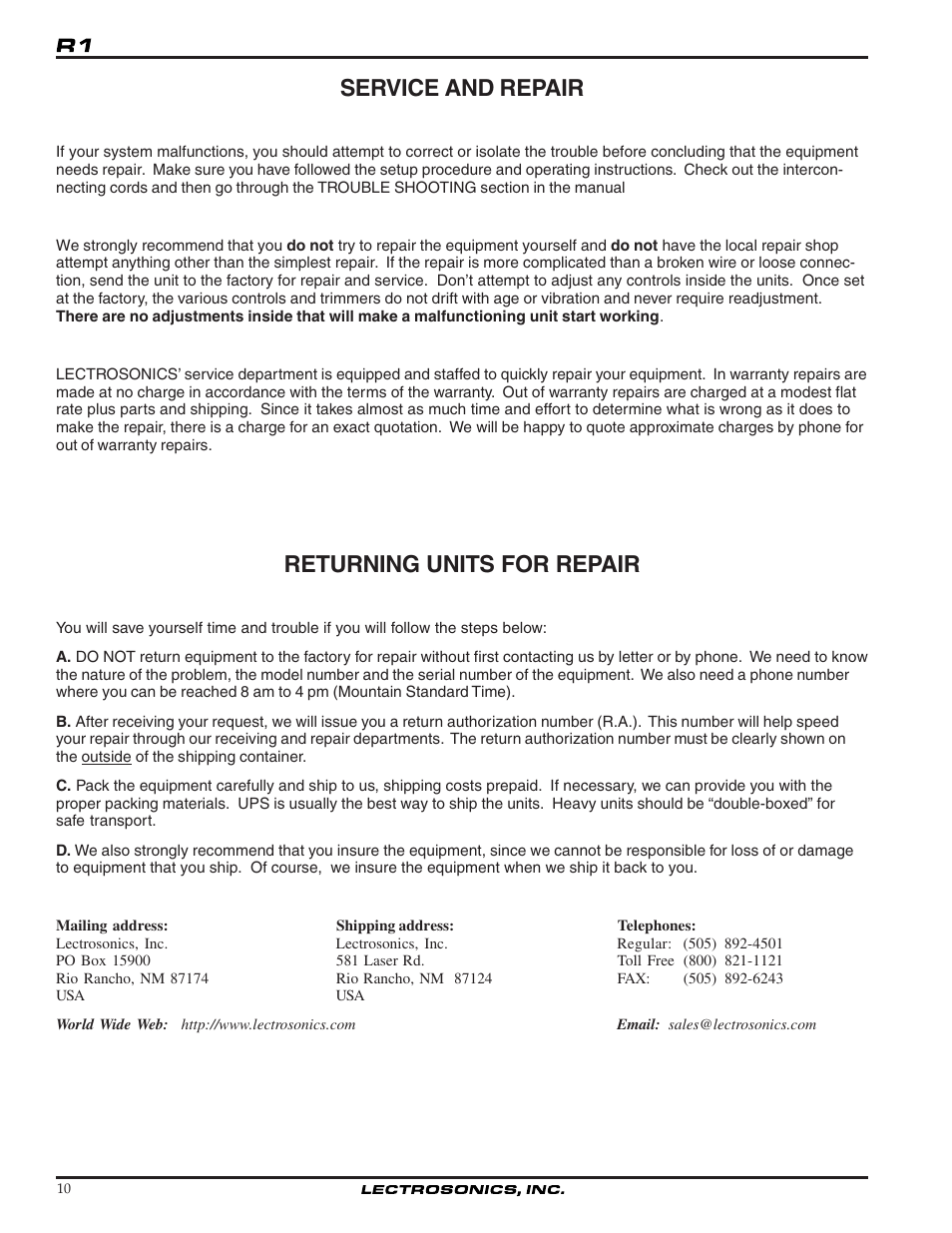 Service and repair, Returning units for repair | Lectrosonics R1 User Manual | Page 10 / 12