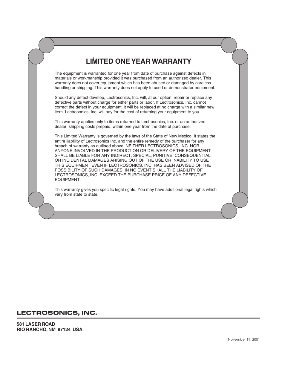 Limited one year warranty | Lectrosonics R1 User Manual | Page 12 / 12