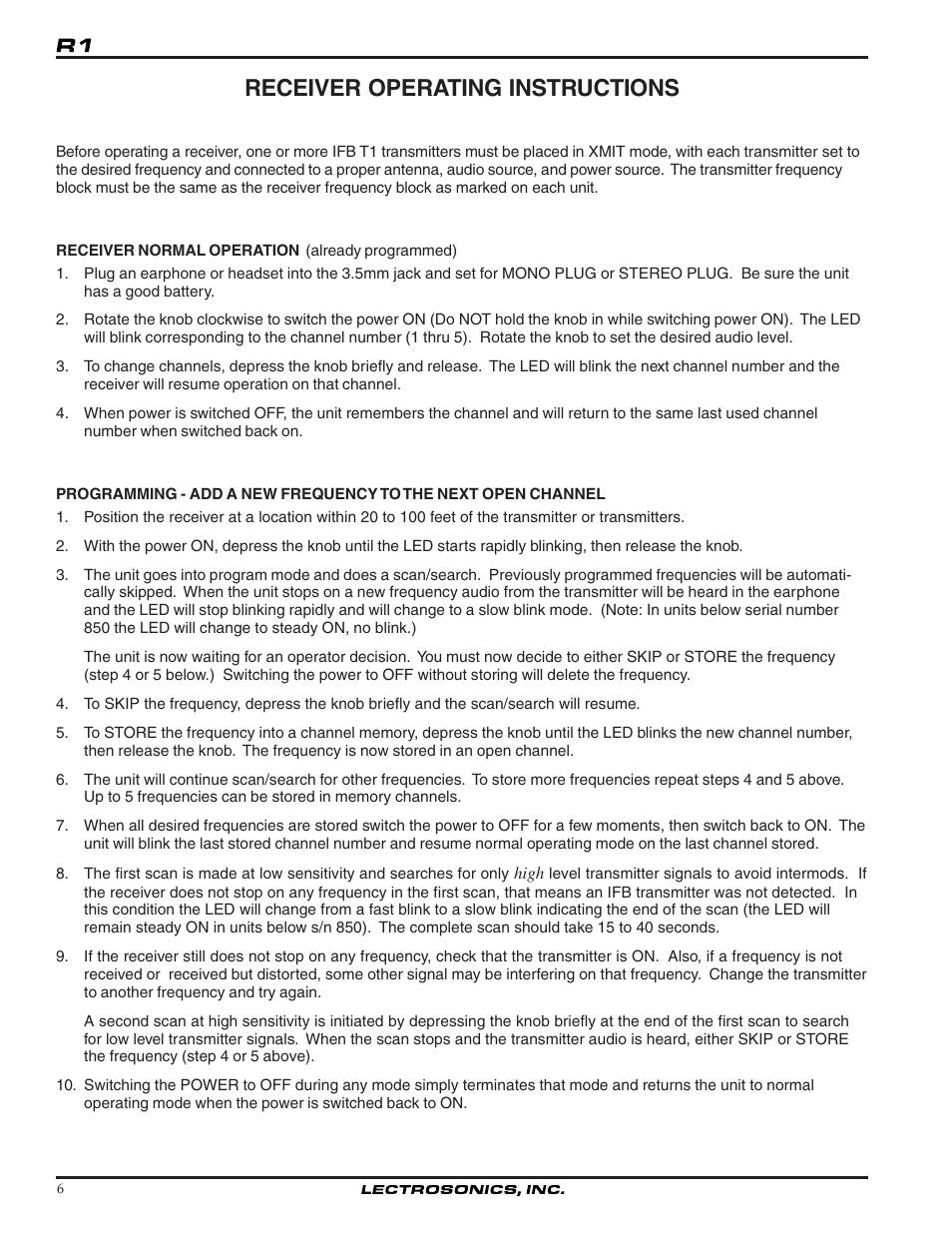 Receiver operating instructions | Lectrosonics R1 User Manual | Page 6 / 12