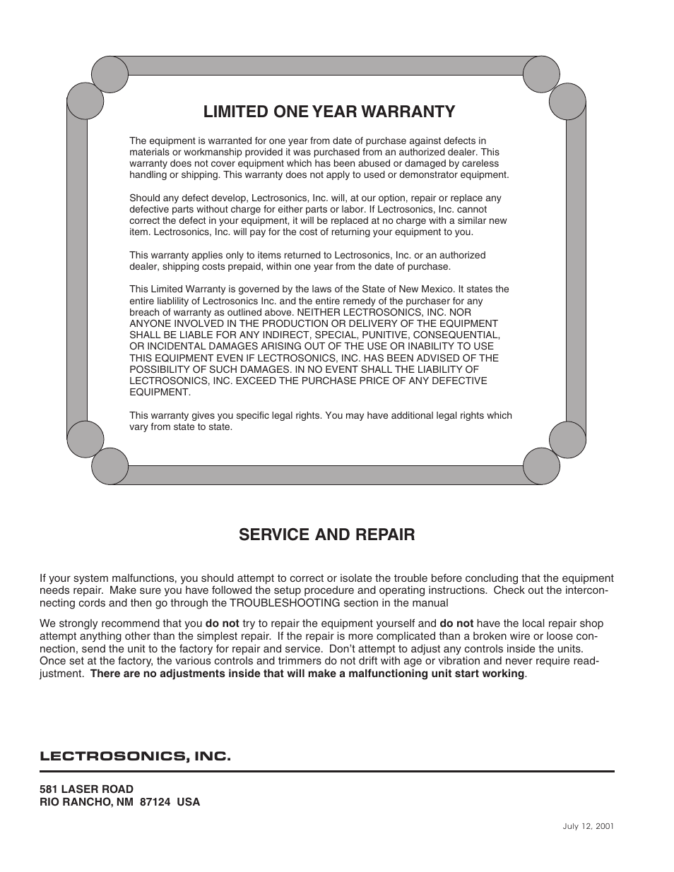 Limited one year warranty service and repair | Lectrosonics R5 User Manual | Page 10 / 10