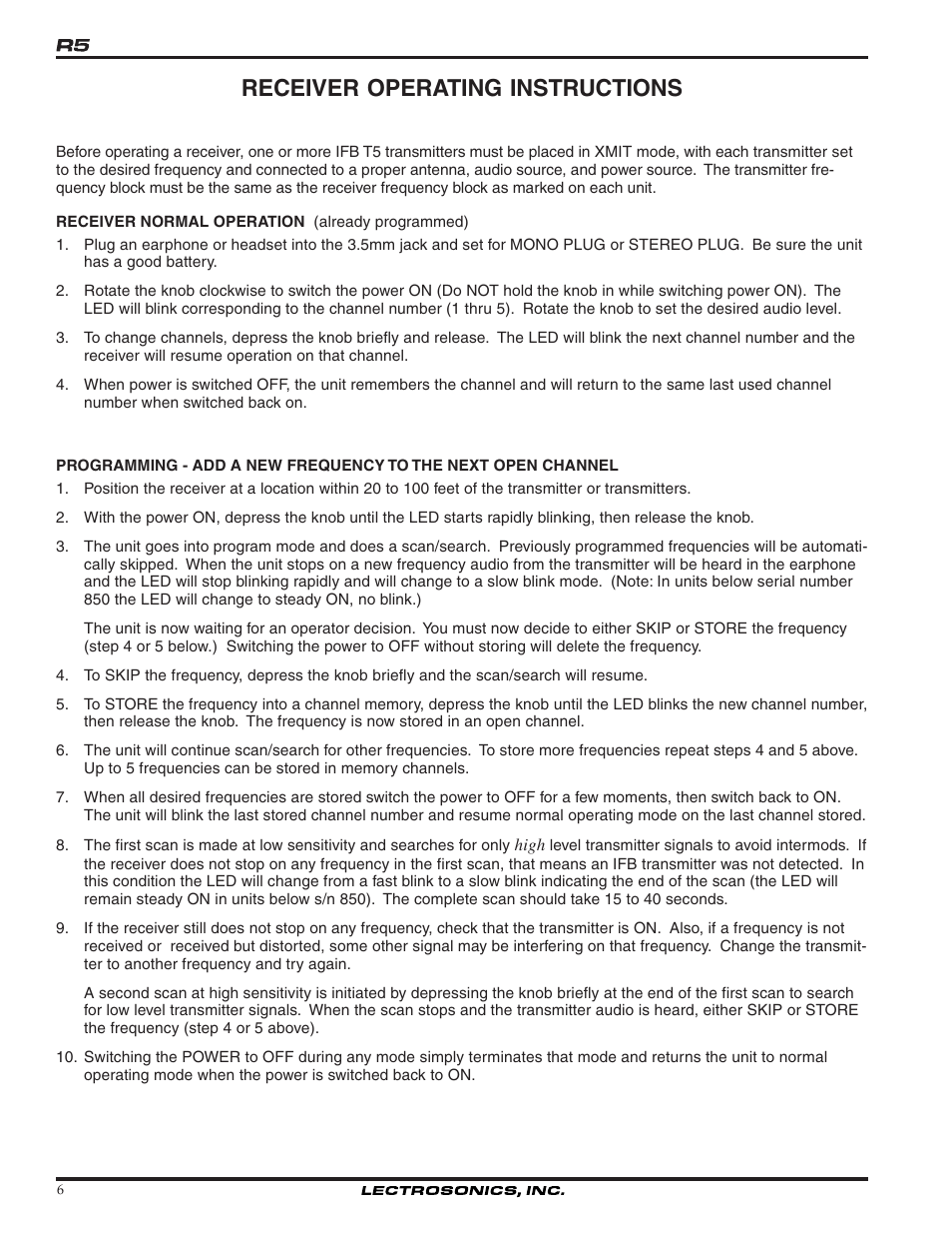 Receiver operating instructions | Lectrosonics R5 User Manual | Page 6 / 10