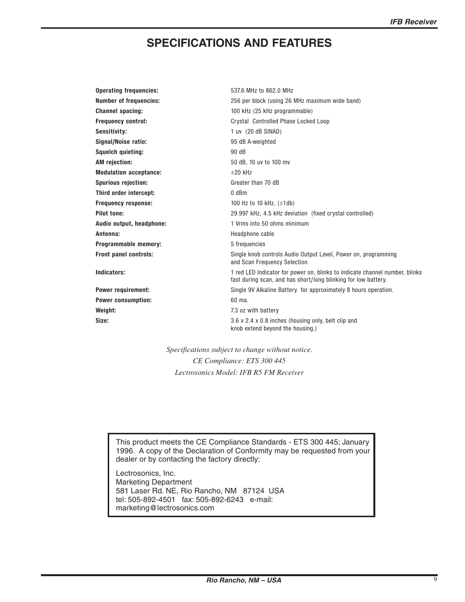 Specifications and features | Lectrosonics R5 User Manual | Page 9 / 10