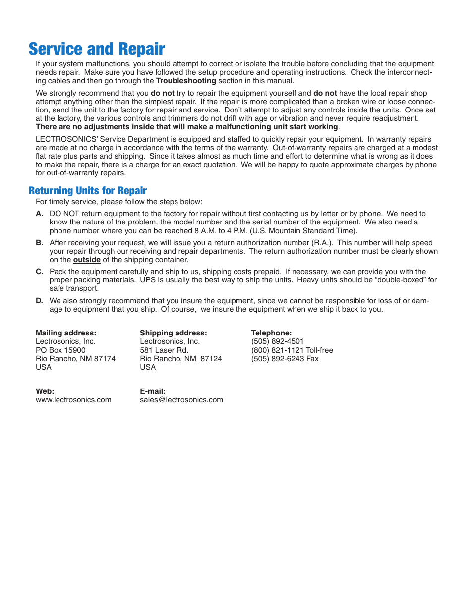 Service and repair, Returning units for repair | Lectrosonics R5a User Manual | Page 10 / 12