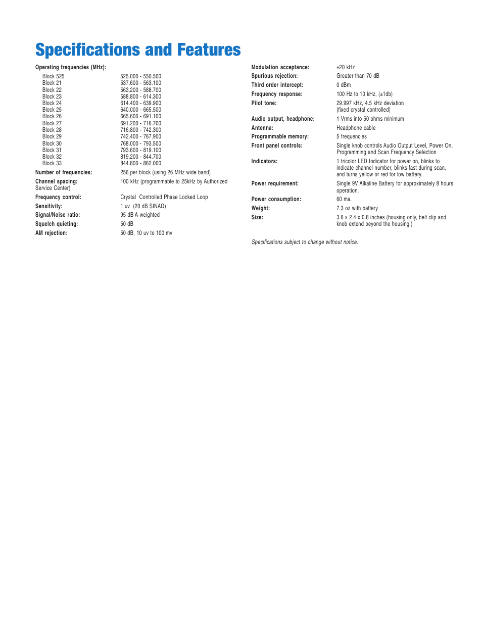 Specifications and features | Lectrosonics R5a User Manual | Page 11 / 12