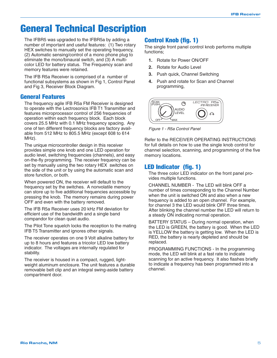 General technical description, General features, Control knob (fig. 1) | Led indicator (fig. 1) | Lectrosonics R5a User Manual | Page 5 / 12