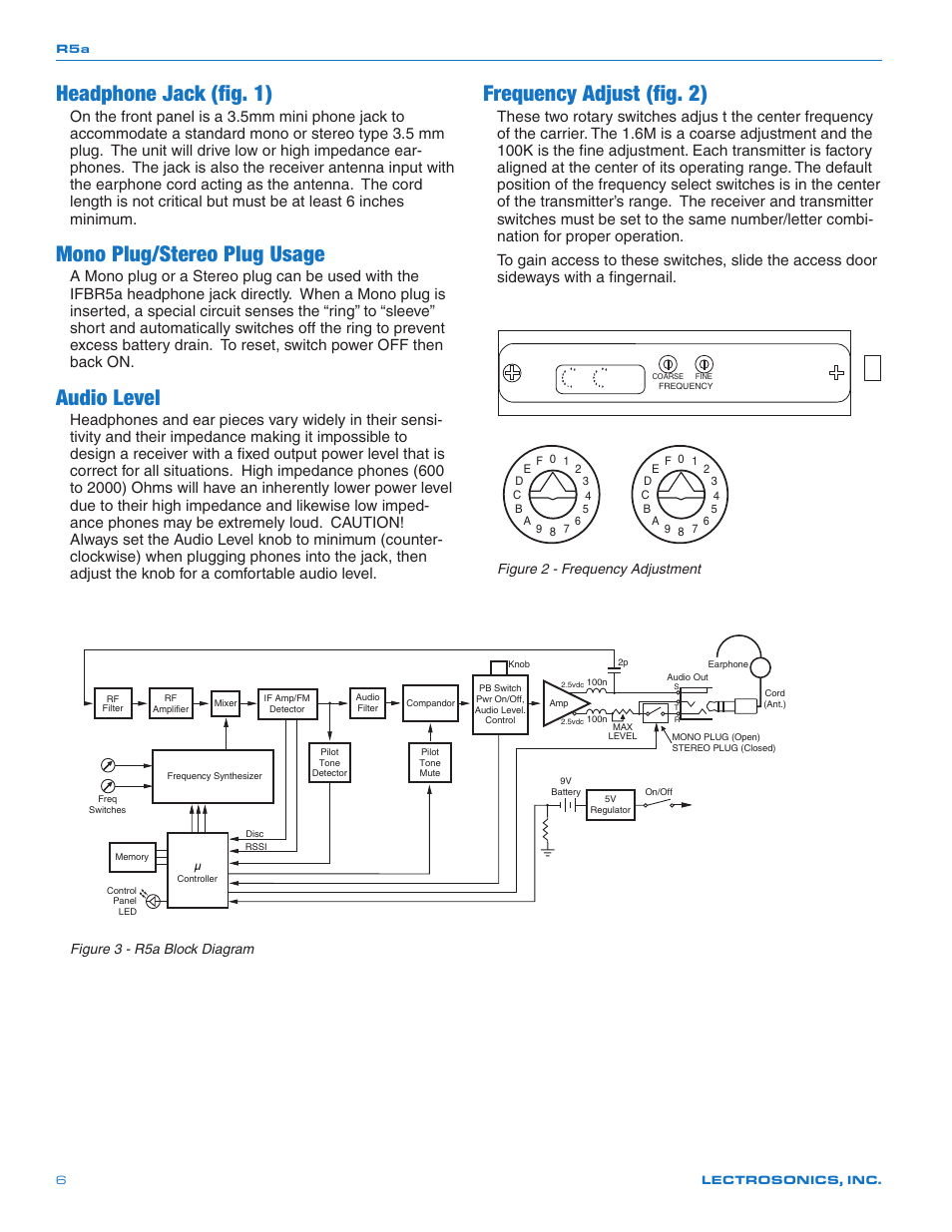 Headphone jack (fig. 1), Mono plug/stereo plug usage, Audio level | Frequency adjust (fig. 2), Figure 2 - frequency adjustment, Figure 3 - r5a block diagram | Lectrosonics R5a User Manual | Page 6 / 12