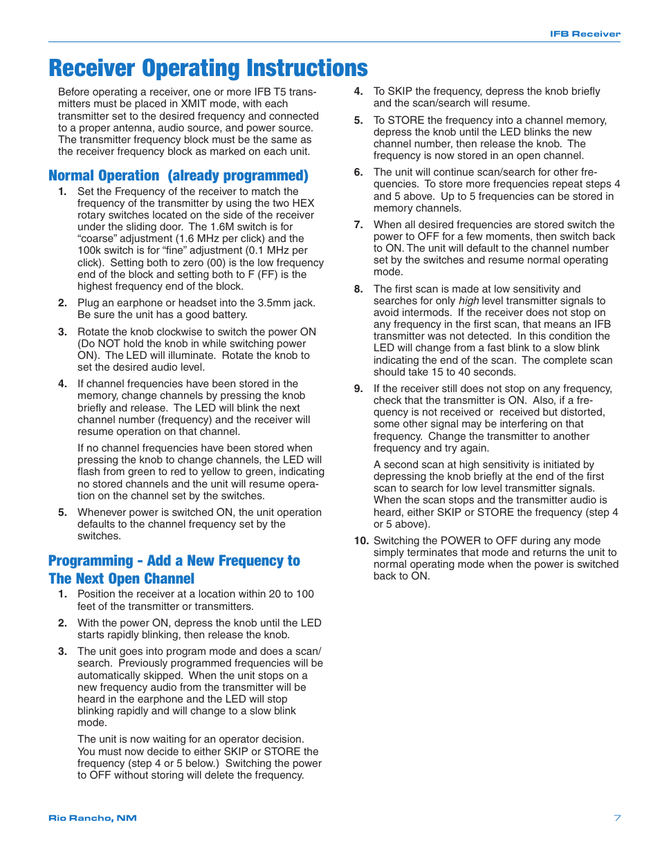 Receiver operating instructions, Normal operation (already programmed) | Lectrosonics R5a User Manual | Page 7 / 12