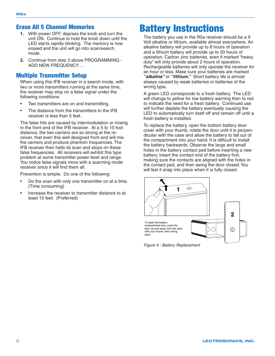 Erase all 5 channel memories, Multiple transmitter setup, Battery instructions | Lectrosonics R5a User Manual | Page 8 / 12